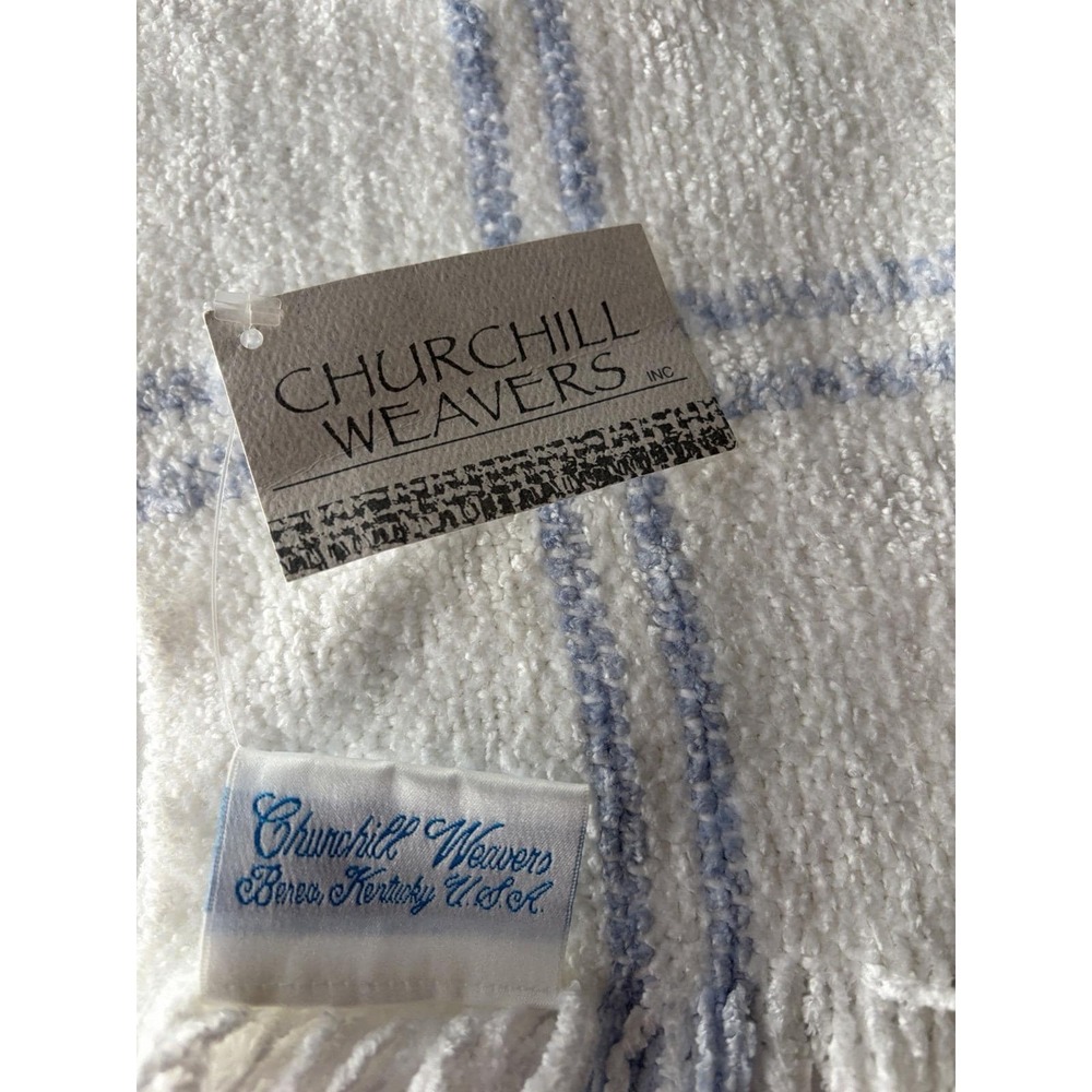 Churchill Weavers Baby Blanket Berea KY Handwoven Chenille Blue White Plaid NWT
